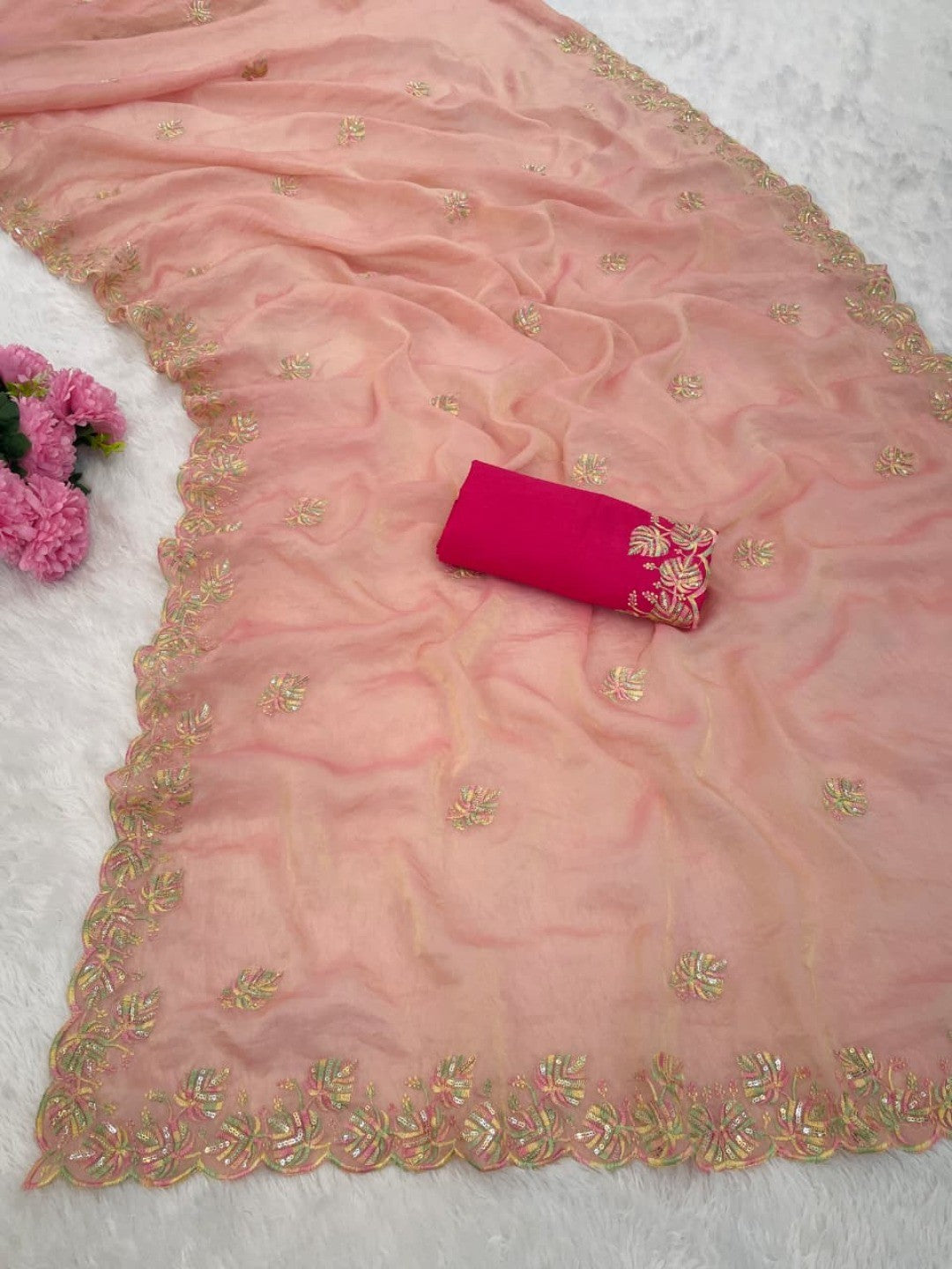 Charming Peach Floral Silk Blend Saree Enhanced With Thread Embroidery & Subtle Sequins Work - Image 10