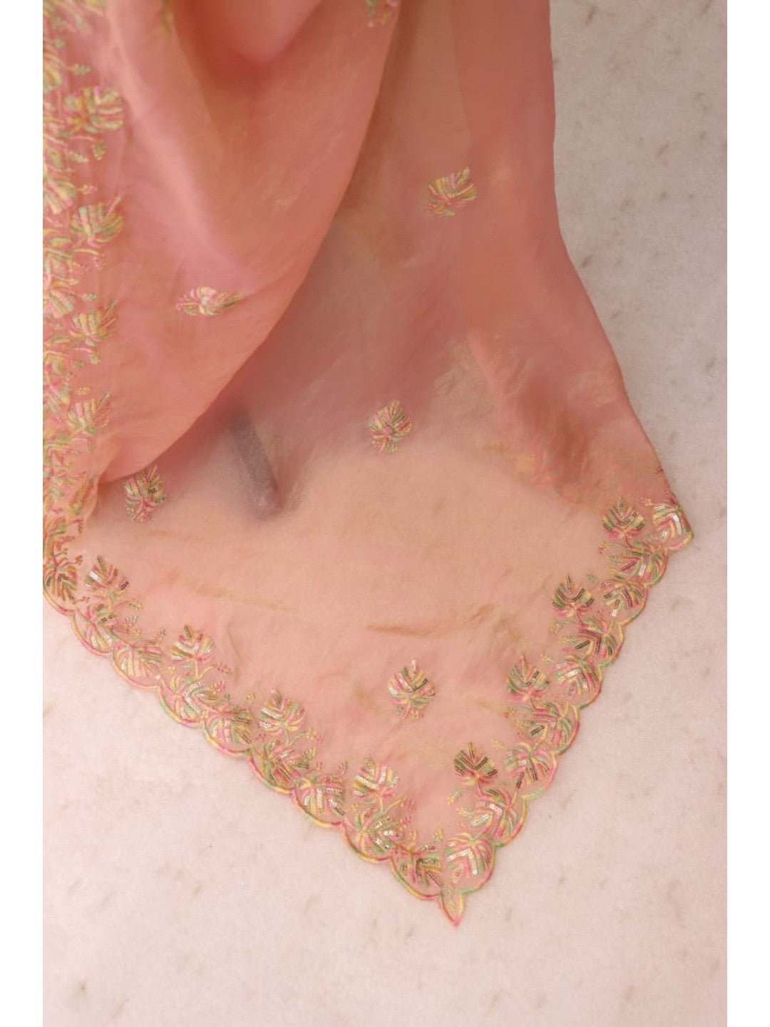 Charming Peach Floral Silk Blend Saree Enhanced With Thread Embroidery & Subtle Sequins Work - Image 7