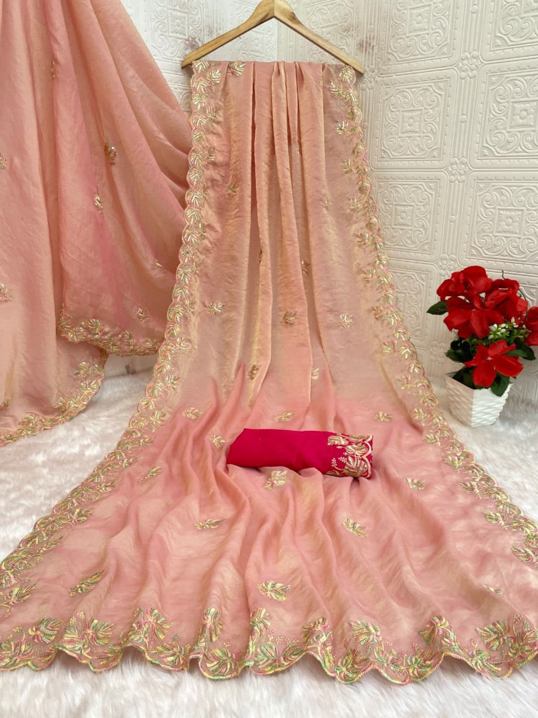 Charming Peach Floral Silk Blend Saree Enhanced With Thread Embroidery & Subtle Sequins Work - Image 9