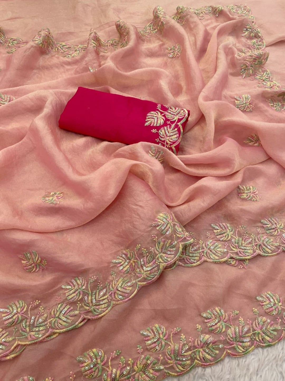 Charming Peach Floral Silk Blend Saree Enhanced With Thread Embroidery & Subtle Sequins Work - Image 8