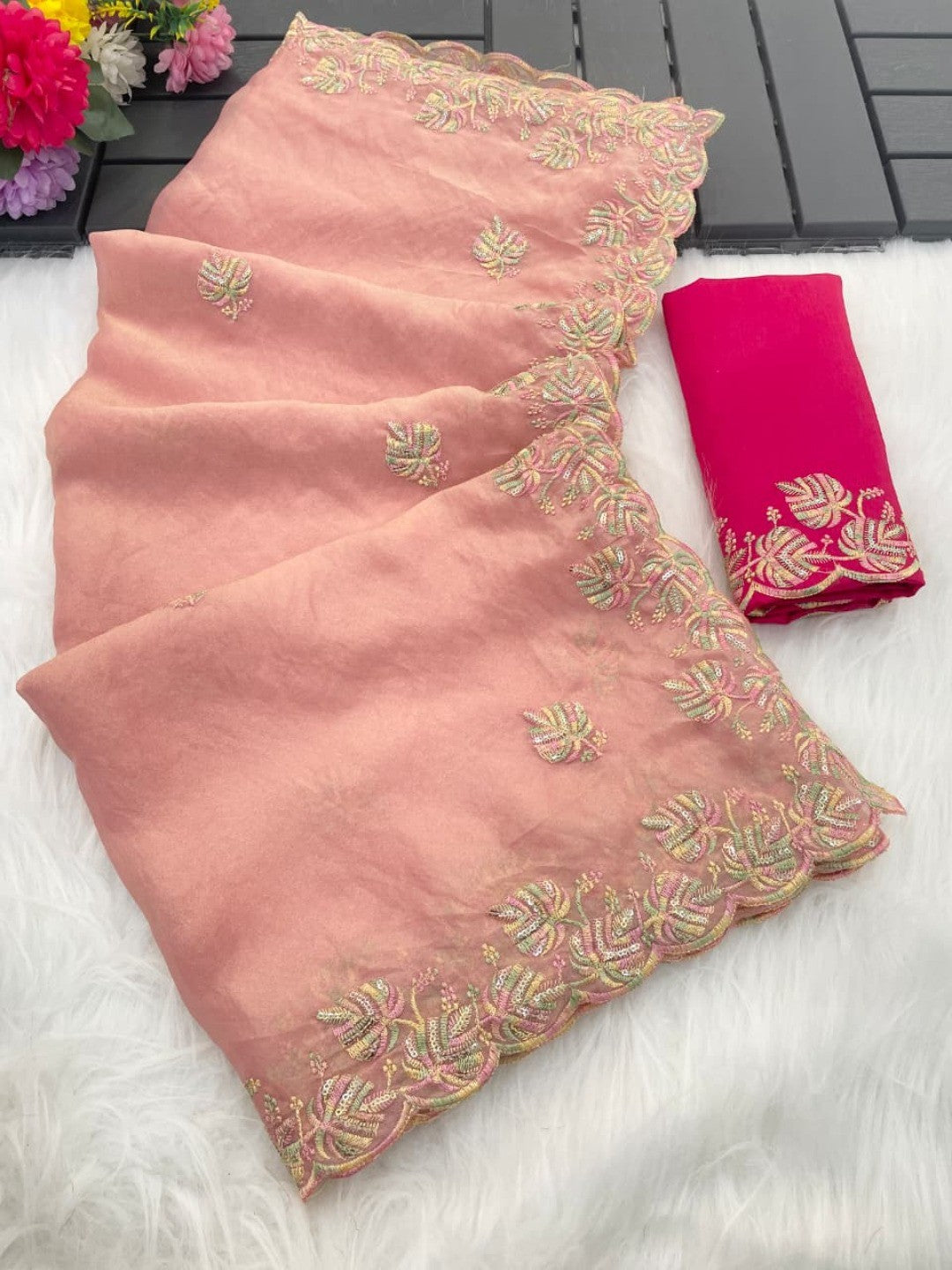 Charming Peach Floral Silk Blend Saree Enhanced With Thread Embroidery & Subtle Sequins Work - Image 6