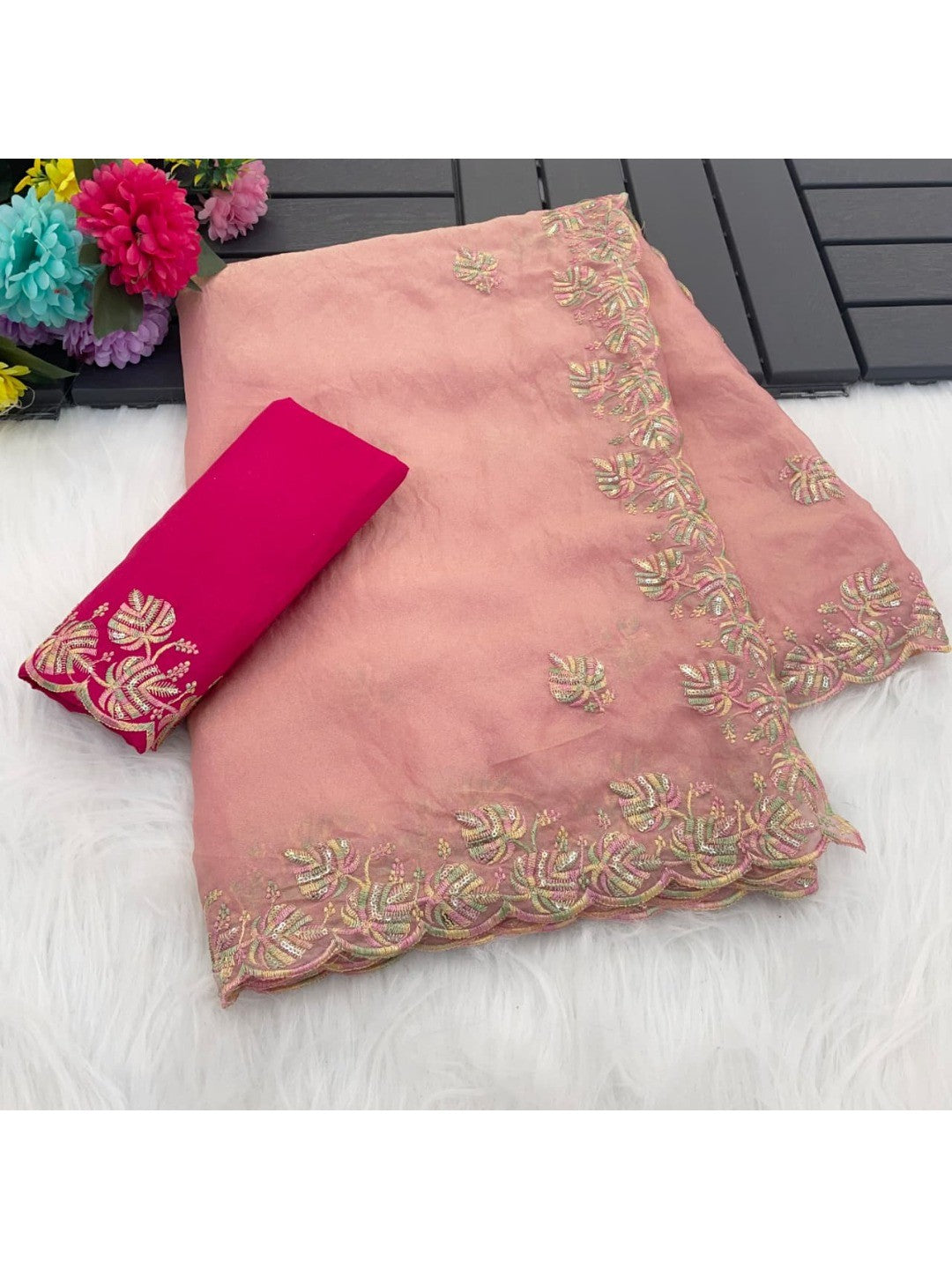 Charming Peach Floral Silk Blend Saree Enhanced With Thread Embroidery & Subtle Sequins Work - Image 5