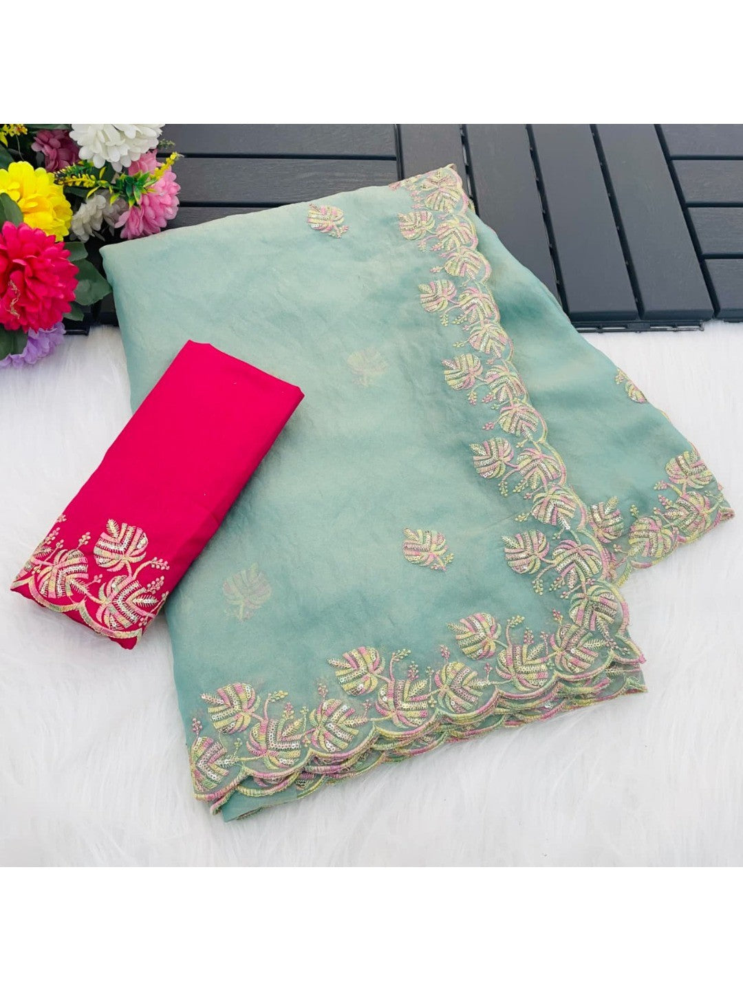 Charming Blue Floral Silk Blend Saree Enhanced With Thread Embroidery & Subtle Sequins Work - Image 6