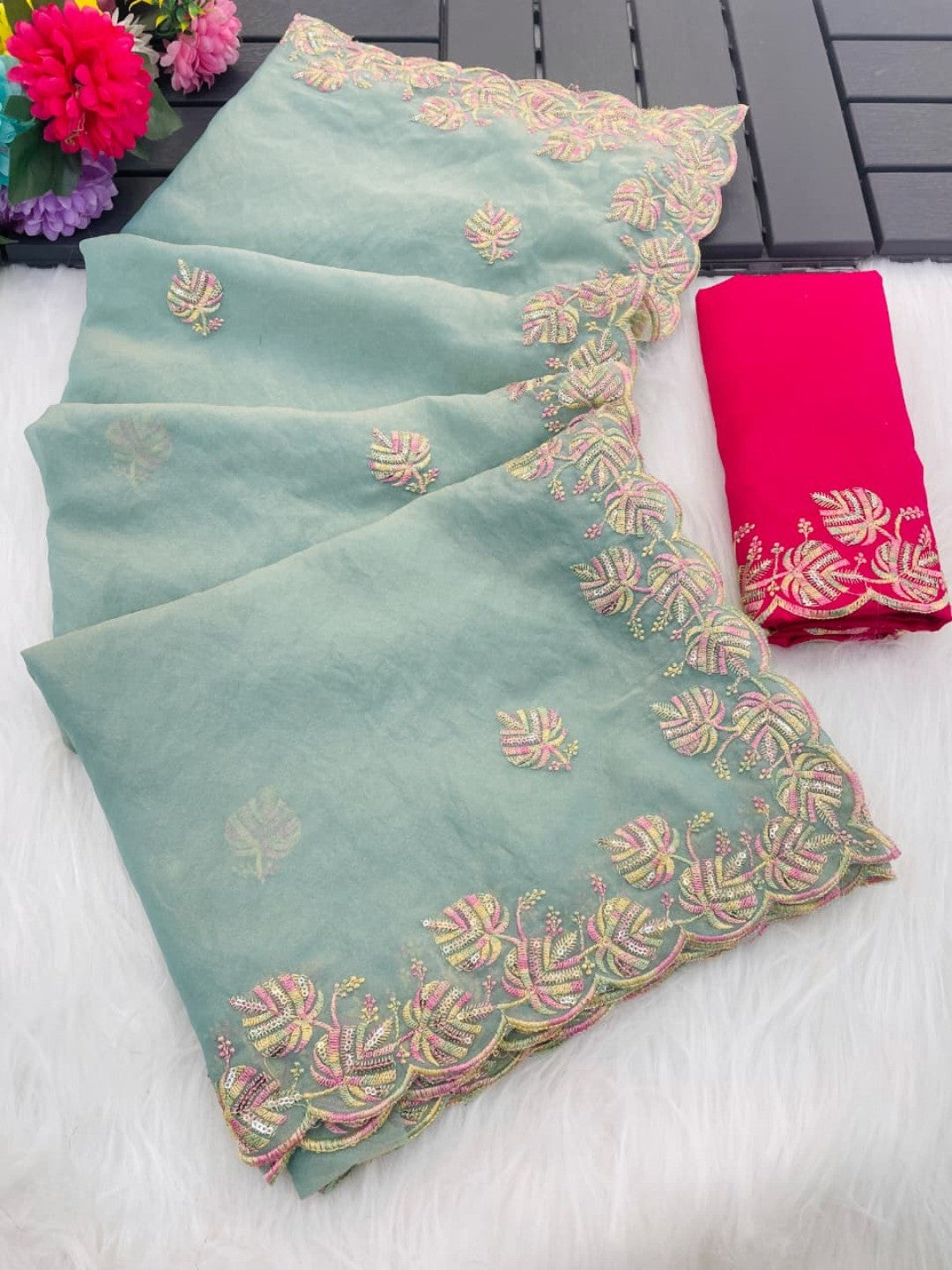 Charming Blue Floral Silk Blend Saree Enhanced With Thread Embroidery & Subtle Sequins Work - Image 5