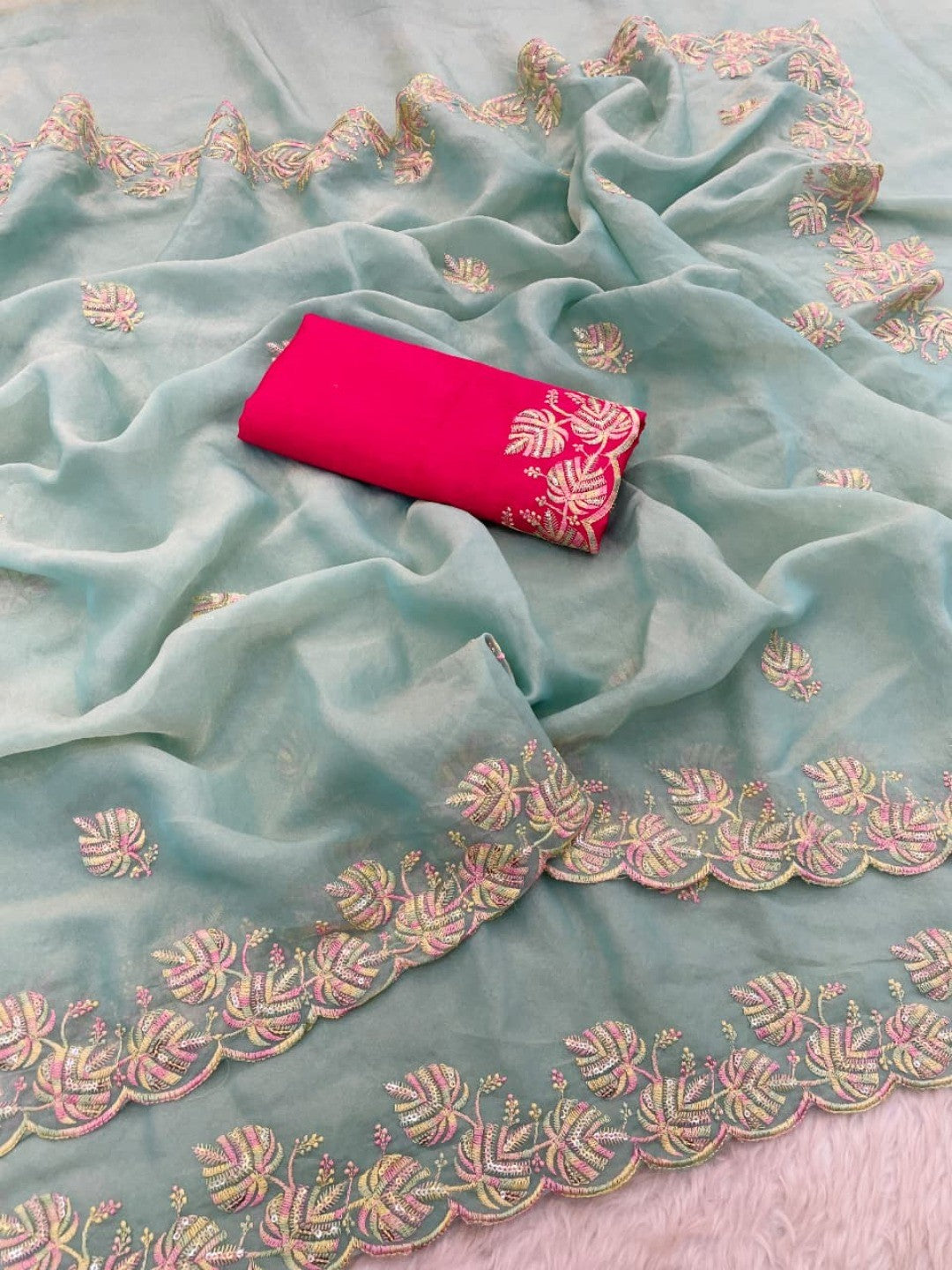 Charming Blue Floral Silk Blend Saree Enhanced With Thread Embroidery & Subtle Sequins Work - Image 7