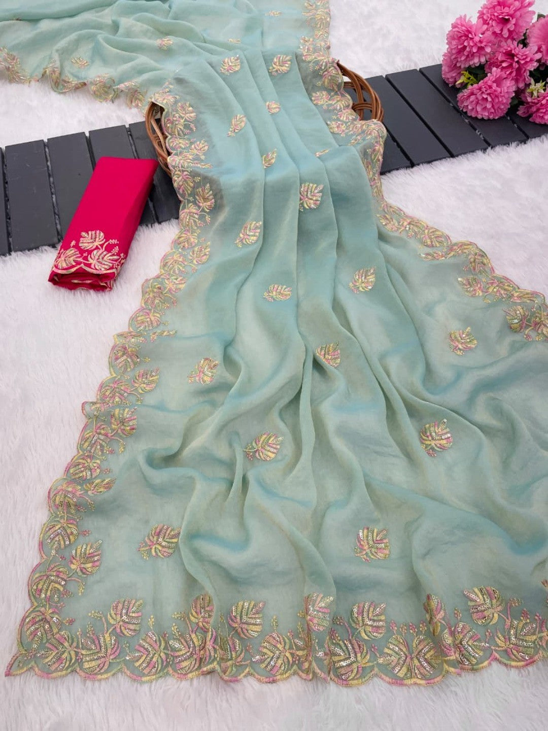 Charming Blue Floral Silk Blend Saree Enhanced With Thread Embroidery & Subtle Sequins Work - Image 9