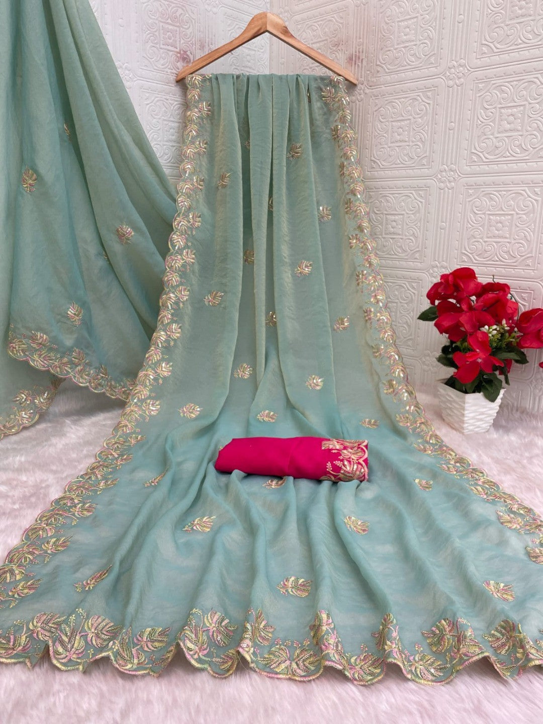 Charming Blue Floral Silk Blend Saree Enhanced With Thread Embroidery & Subtle Sequins Work - Image 6