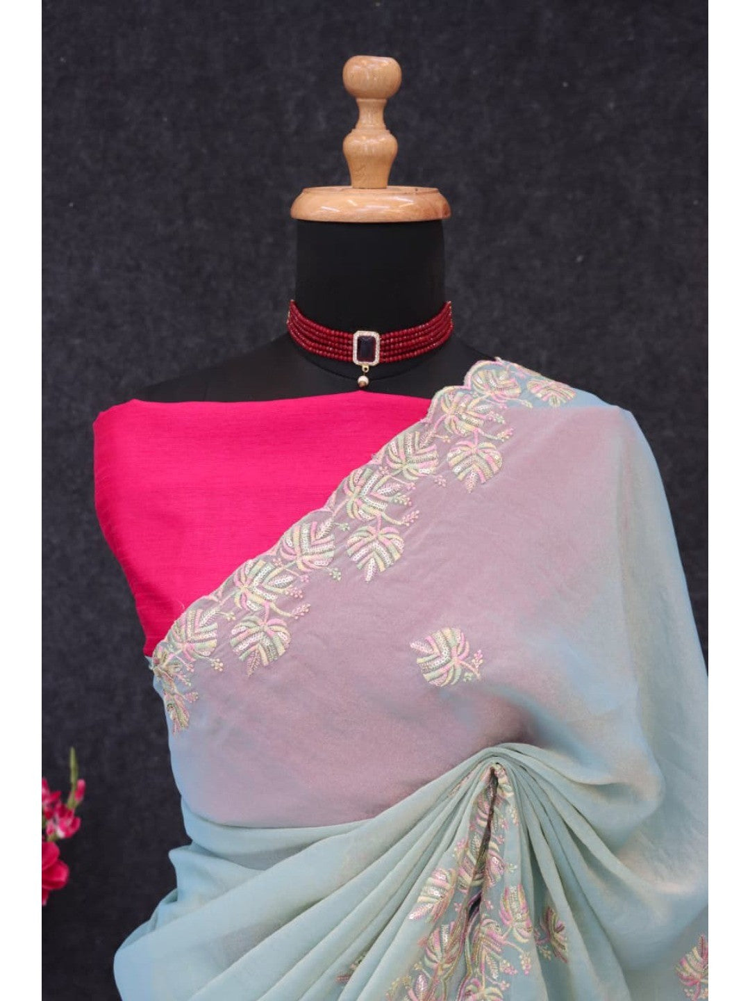 Charming Blue Floral Silk Blend Saree Enhanced With Thread Embroidery & Subtle Sequins Work - Image 9