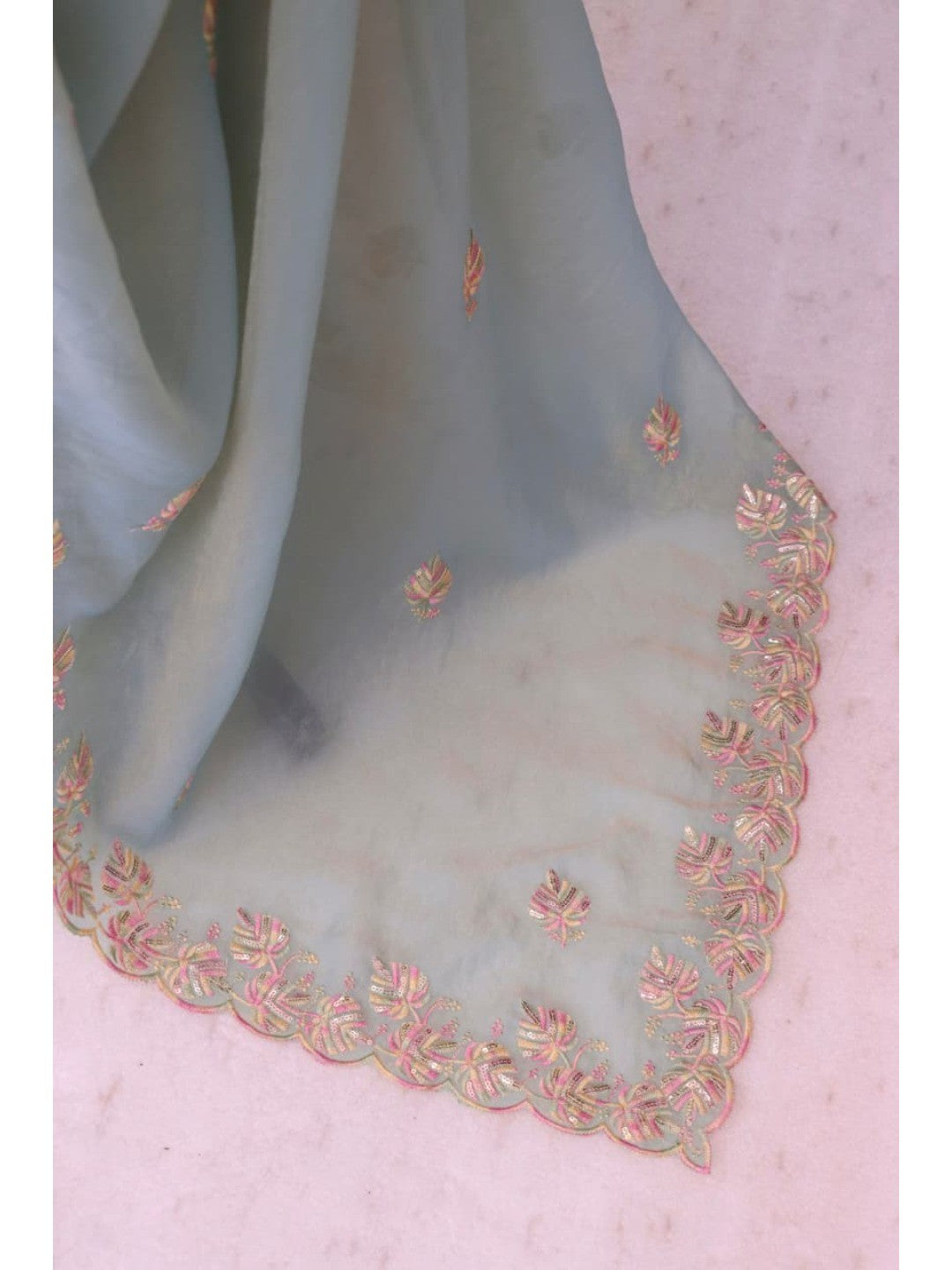 Charming Blue Floral Silk Blend Saree Enhanced With Thread Embroidery & Subtle Sequins Work - Image 8