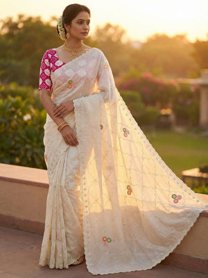 Designer Offwhite Vichitra Silk Saree with Fine Embroidery and Luxurious Draping Finish - Image 1