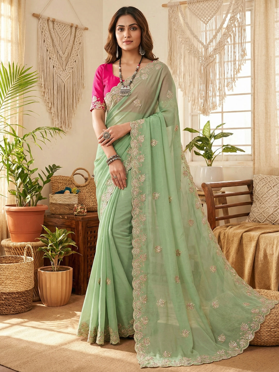 Charming Green Floral Silk Blend Saree Enhanced With Thread Embroidery & Subtle Sequins Work - Image 1
