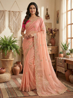 Charming Peach Floral Silk Blend Saree Enhanced With Thread Embroidery & Subtle Sequins Work - Image 1