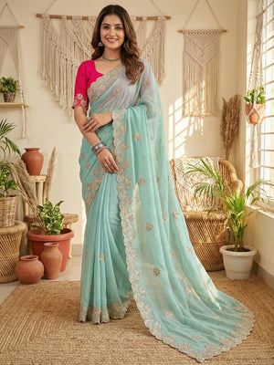 Charming Blue Floral Silk Blend Saree Enhanced With Thread Embroidery & Subtle Sequins Work - Image 1
