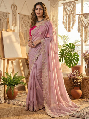 Charming Light Lavender Floral Silk Blend Saree Enhanced With Thread Embroidery & Subtle Sequin Work - Image 1