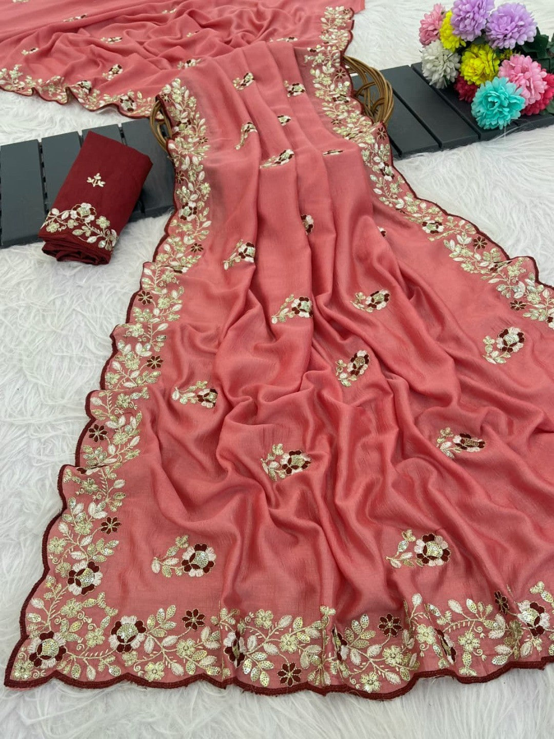 Designer Peach Vichitra Silk Saree with Artistic Embroidered Border for Timeless Ethnic Elegance - Image 3