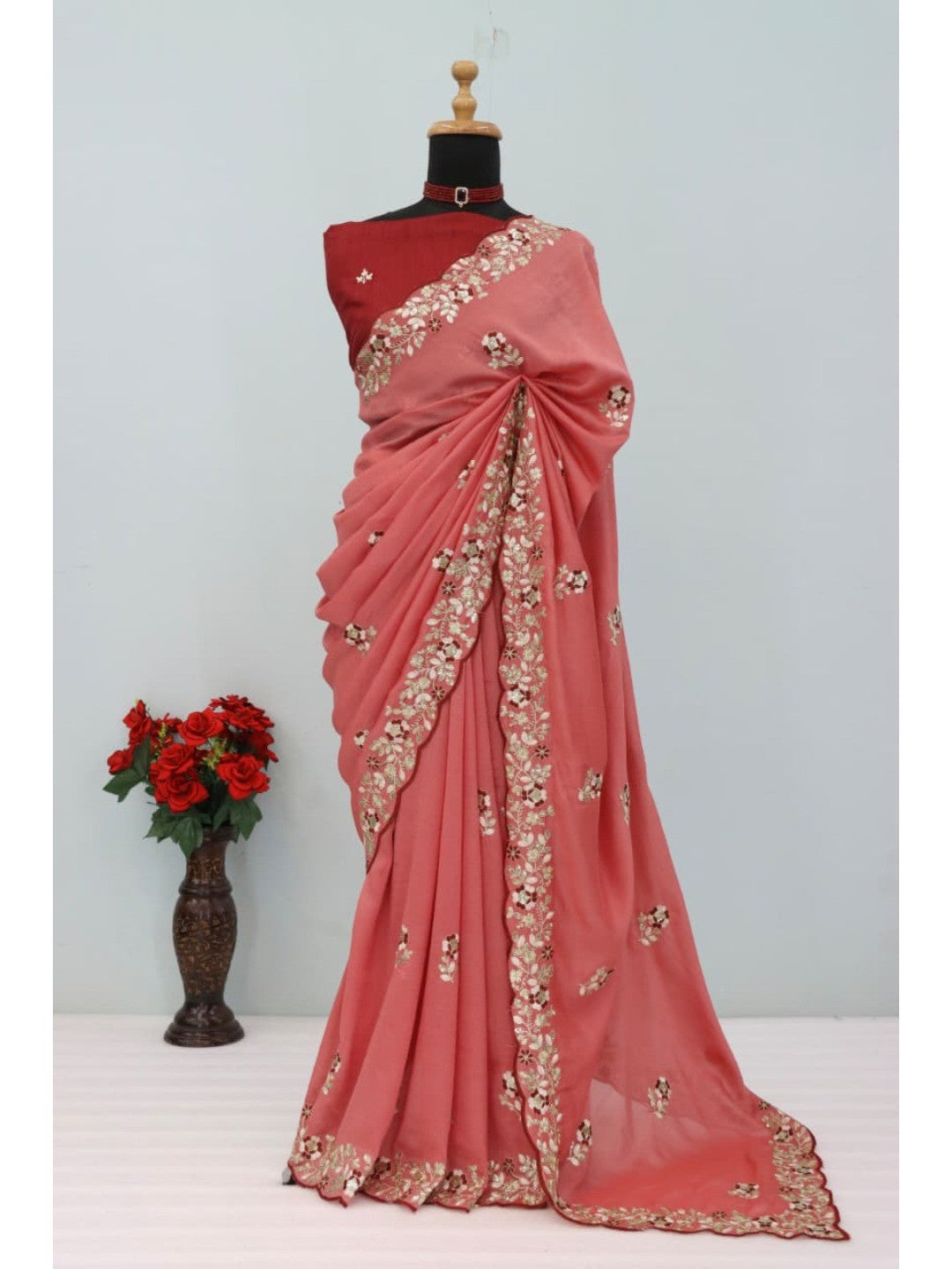 Designer Peach Vichitra Silk Saree with Artistic Embroidered Border for Timeless Ethnic Elegance - Image 7