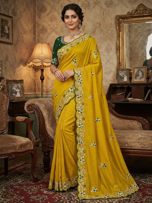 Designer Mustard Vichitra Silk Saree with Artistic Embroidered Border for Timeless Ethnic Elegance - Image 1