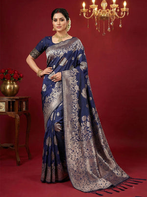 Luxurious Navy Blue Floral Weaving Banarasi Silk Saree with Heritage Zari Detailing & Tassel Pallu - Image 1