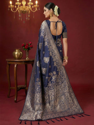 Luxurious Navy Blue Floral Weaving Banarasi Silk Saree with Heritage Zari Detailing & Tassel Pallu - Image 2