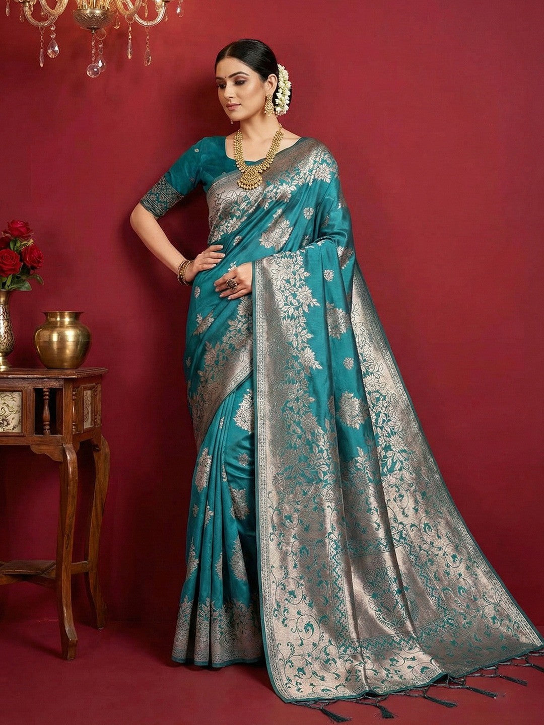 Luxurious Rama Blue Floral Weaving Banarasi Silk Saree with Heritage Zari Detailing & Tassel Pallu - Image 1