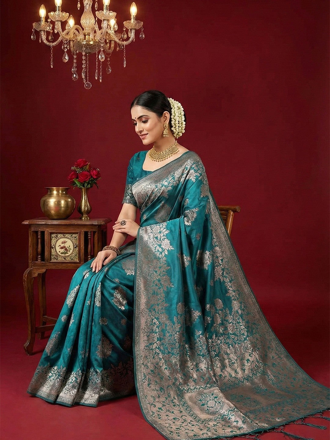 Luxurious Rama Blue Floral Weaving Banarasi Silk Saree with Heritage Zari Detailing & Tassel Pallu - Image 3
