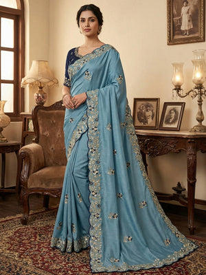 Designer Sky Blue Vichitra Silk Saree with Artistic Embroidered Border for Timeless Ethnic Elegance - Image 1