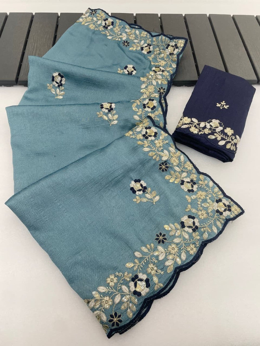 Designer Sky Blue Vichitra Silk Saree with Artistic Embroidered Border for Timeless Ethnic Elegance - Image 3