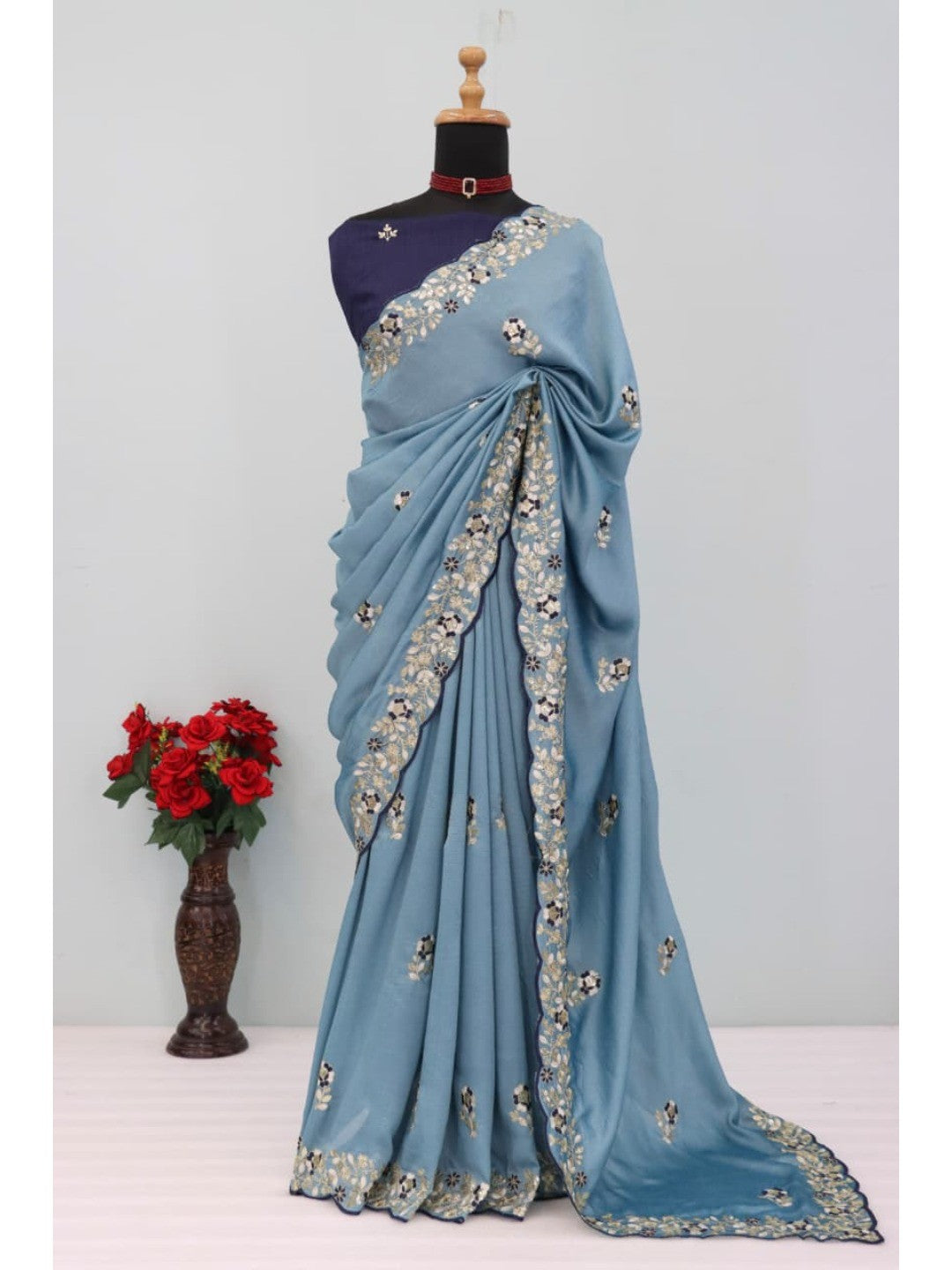 Designer Sky Blue Vichitra Silk Saree with Artistic Embroidered Border for Timeless Ethnic Elegance - Image 2