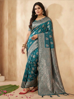 Classic Teal Floral Woven Banarasi Silk Saree Enhanced With Heritage Zari Work & Tassels - Image 1