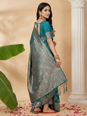Classic Teal Floral Woven Banarasi Silk Saree Enhanced With Heritage Zari Work & Tassels - Image 2