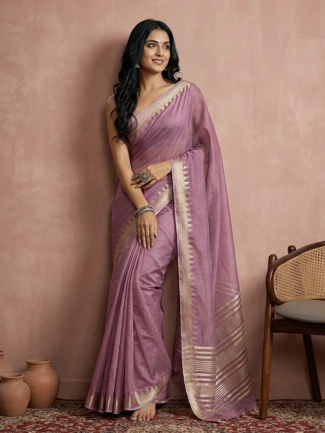 Delicate Purple Stripe Pattern Woven Cotton Silk Saree With Subtle Artisan Weave - Image 1