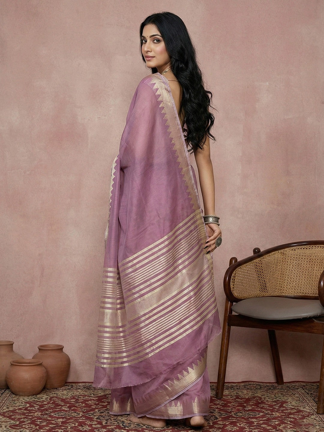 Delicate Purple Stripe Pattern Woven Cotton Silk Saree With Subtle Artisan Weave - Image 3