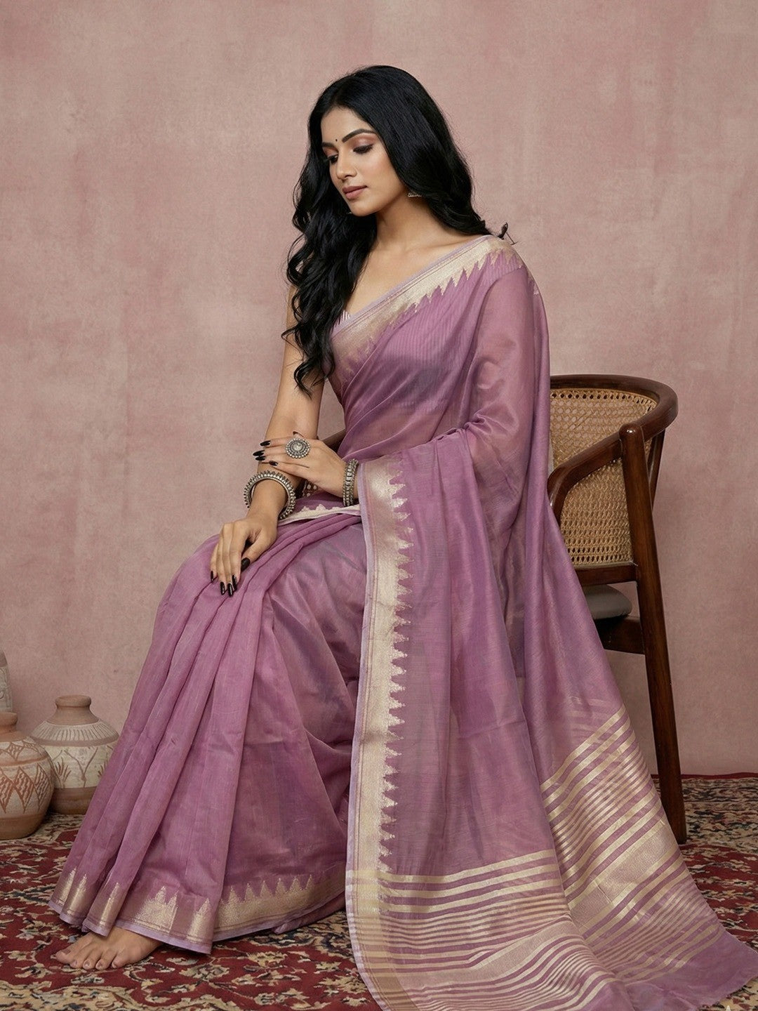 Delicate Purple Stripe Pattern Woven Cotton Silk Saree With Subtle Artisan Weave - Image 2
