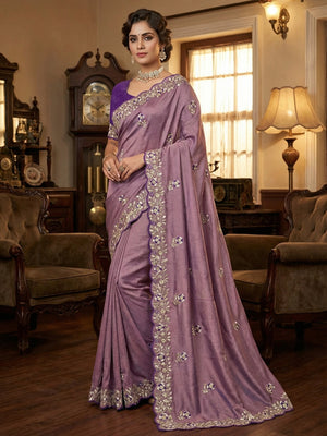Designer Mauve Vichitra Silk Saree with Artistic Embroidered Border for Timeless Ethnic Elegance - Image 1