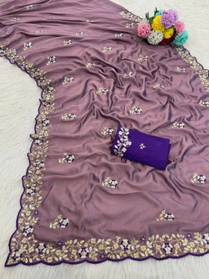 Designer Mauve Vichitra Silk Saree with Artistic Embroidered Border for Timeless Ethnic Elegance - Image 2