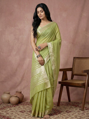 Delicate Green Stripe Pattern Woven Cotton Silk Saree With Subtle Artisan Weave - Image 1