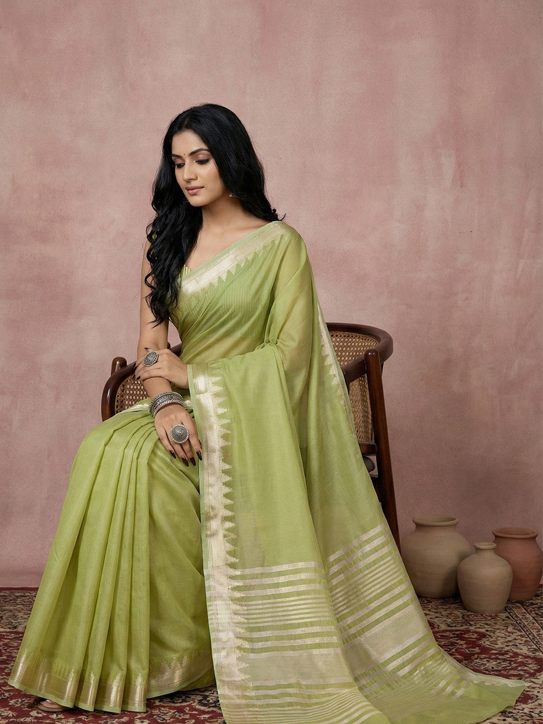 Delicate Green Stripe Pattern Woven Cotton Silk Saree With Subtle Artisan Weave - Image 3