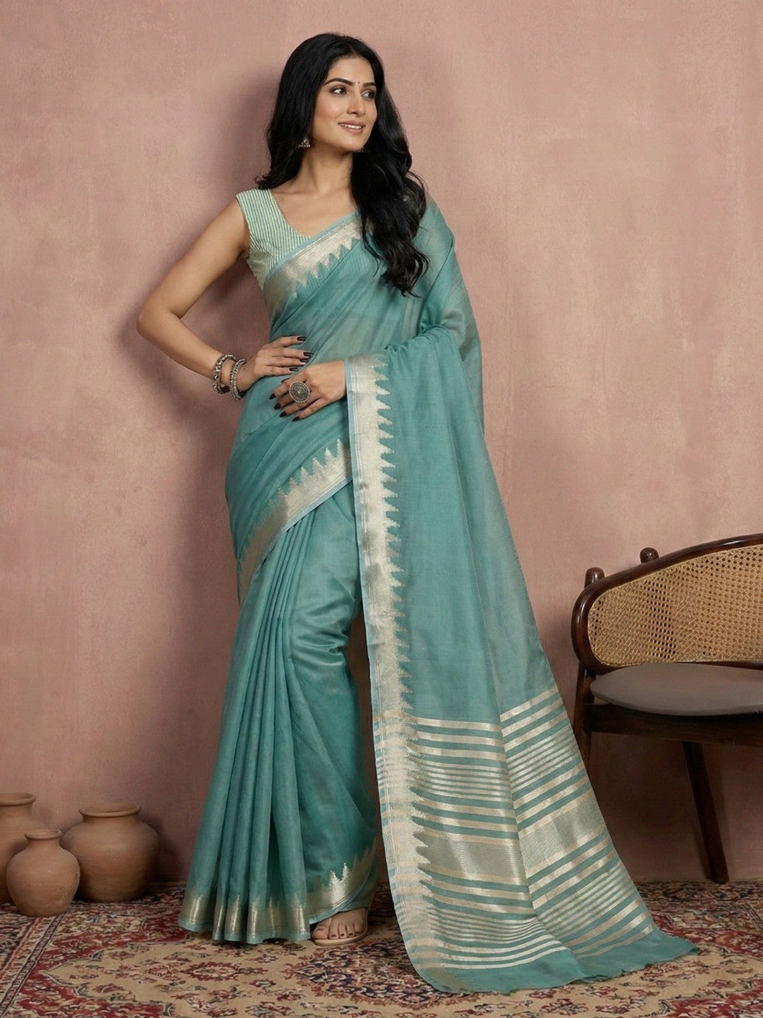 Delicate Turquoise Stripe Pattern Woven Cotton Silk Saree With Subtle Artisan Weave - Image 1