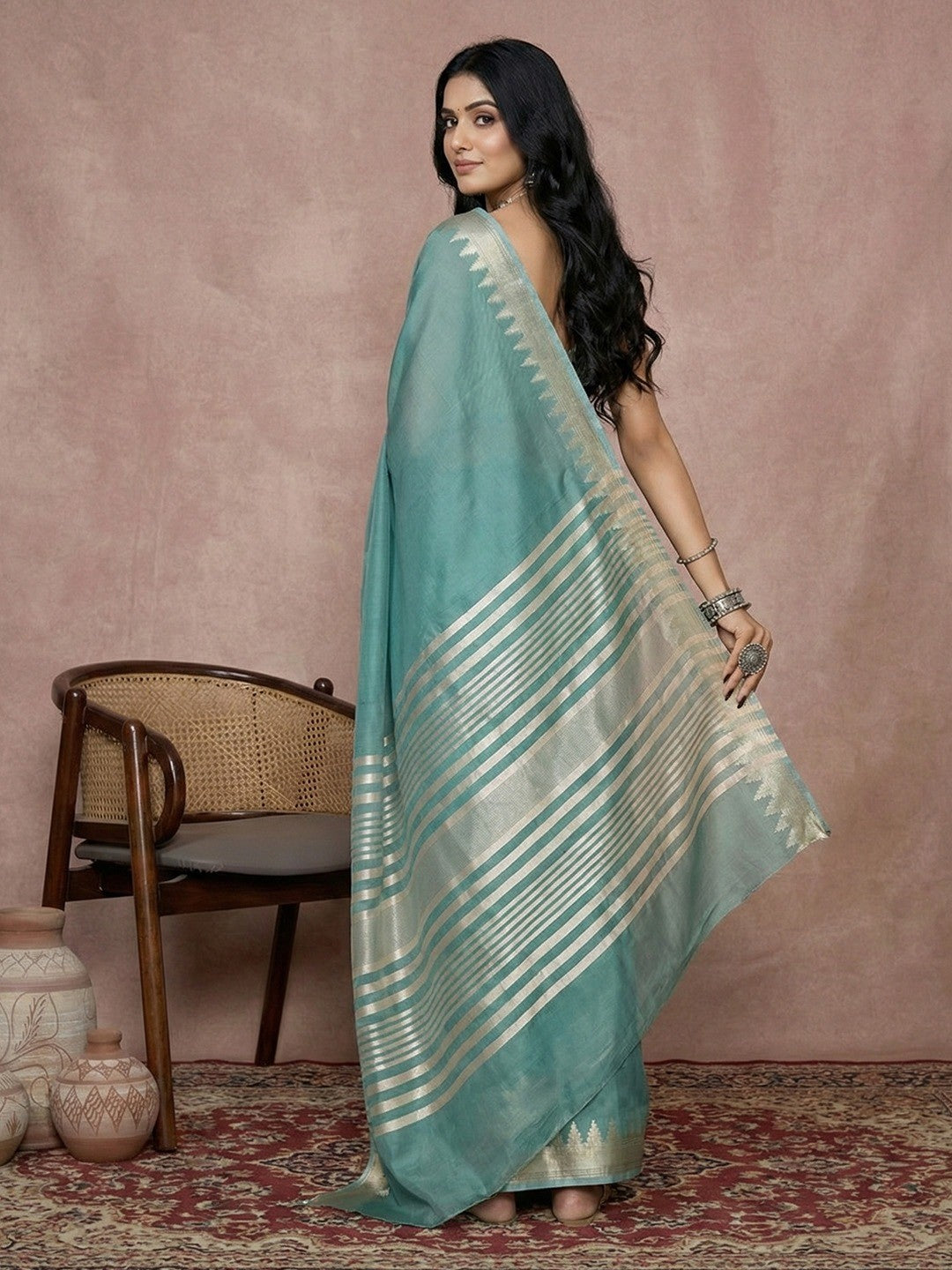 Delicate Turquoise Stripe Pattern Woven Cotton Silk Saree With Subtle Artisan Weave - Image 2