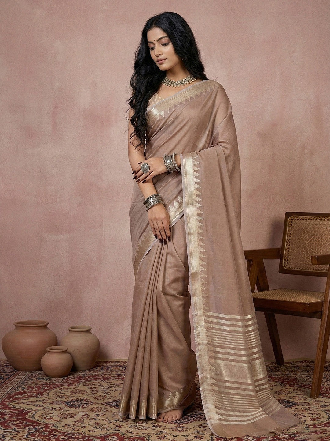 Delicate Beige Stripe Pattern Woven Cotton Silk Saree With Subtle Artisan Weave - Image 1