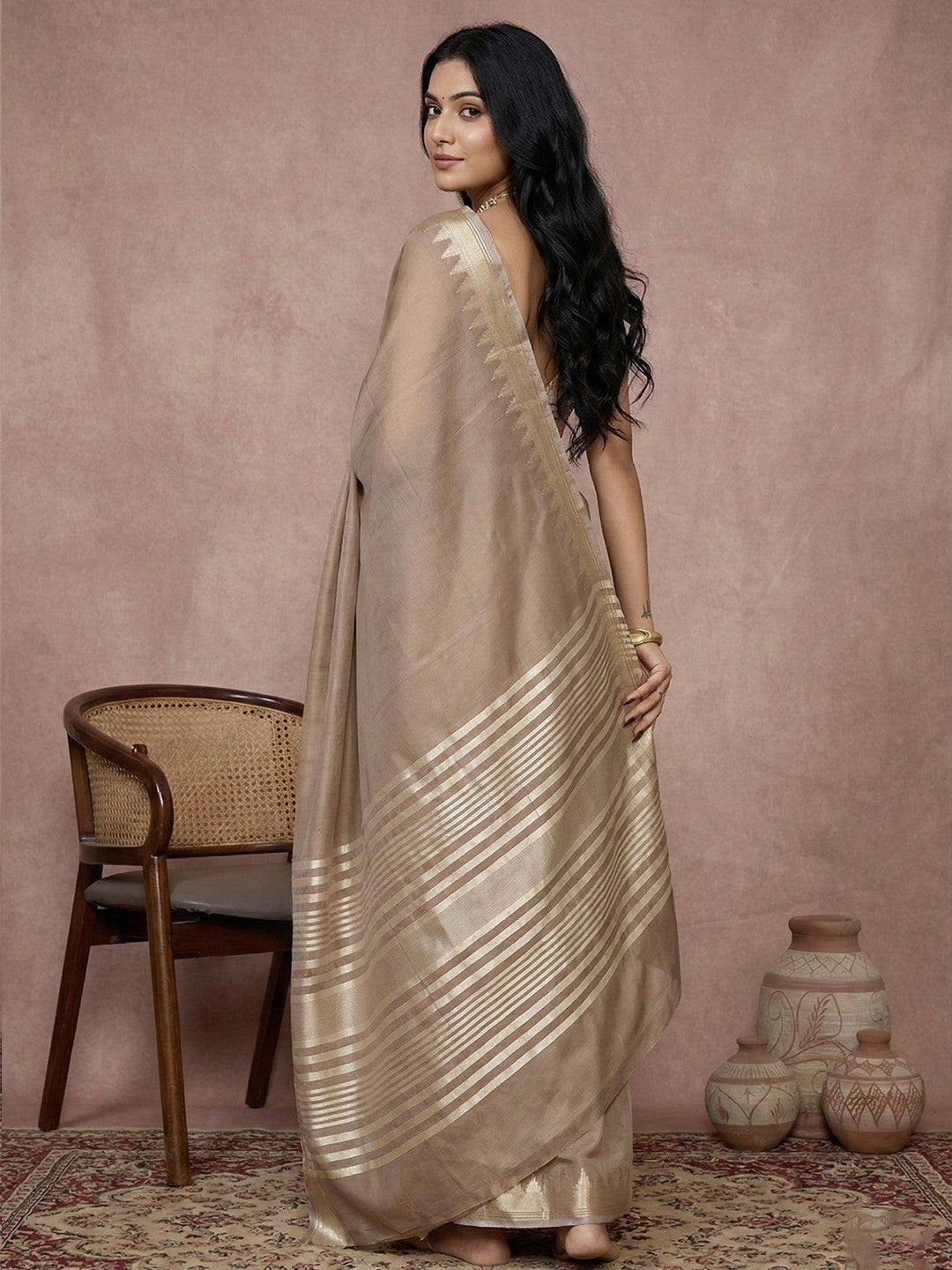 Delicate Beige Stripe Pattern Woven Cotton Silk Saree With Subtle Artisan Weave - Image 3