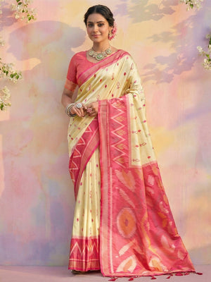 Elegant Cream Ikat Woven Silk Blend Saree Featuring A Traditional Motif Pallu With Tassel Accents - Image 1