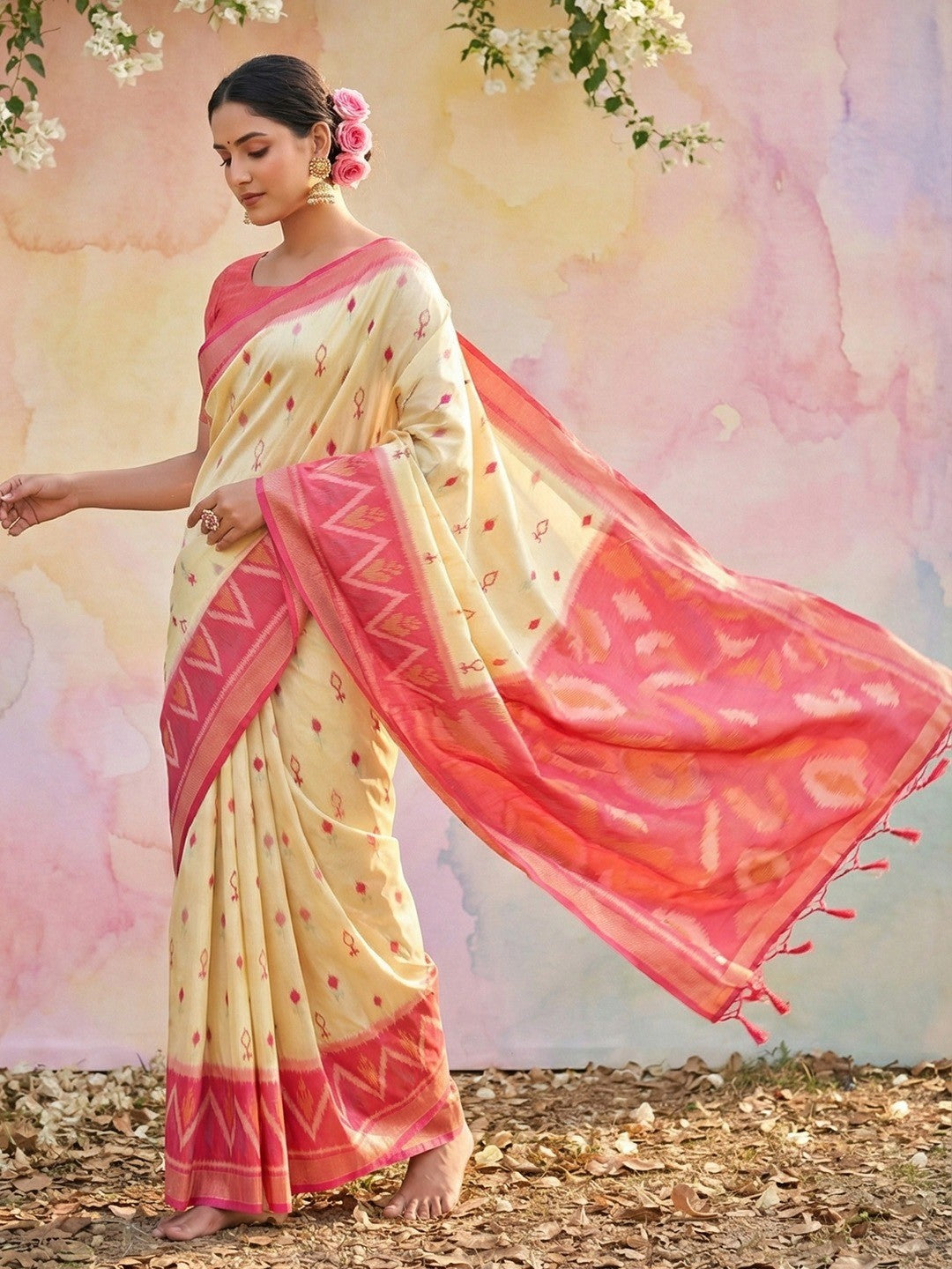 Elegant Cream Ikat Woven Silk Blend Saree Featuring A Traditional Motif Pallu With Tassel Accents - Image 4