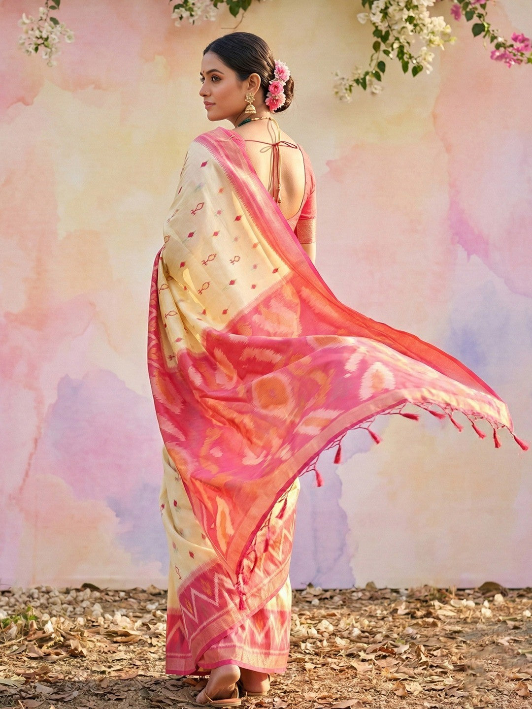 Elegant Cream Ikat Woven Silk Blend Saree Featuring A Traditional Motif Pallu With Tassel Accents - Image 3