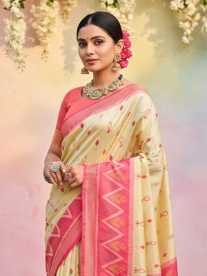 Elegant Cream Ikat Woven Silk Blend Saree Featuring A Traditional Motif Pallu With Tassel Accents - Image 2