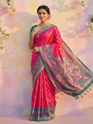 Elegant Pink Ikat Woven Silk Blend Saree Featuring A Traditional Motif Pallu With Tassel Accents - Image 1