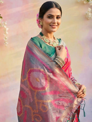 Elegant Pink Ikat Woven Silk Blend Saree Featuring A Traditional Motif Pallu With Tassel Accents - Image 2