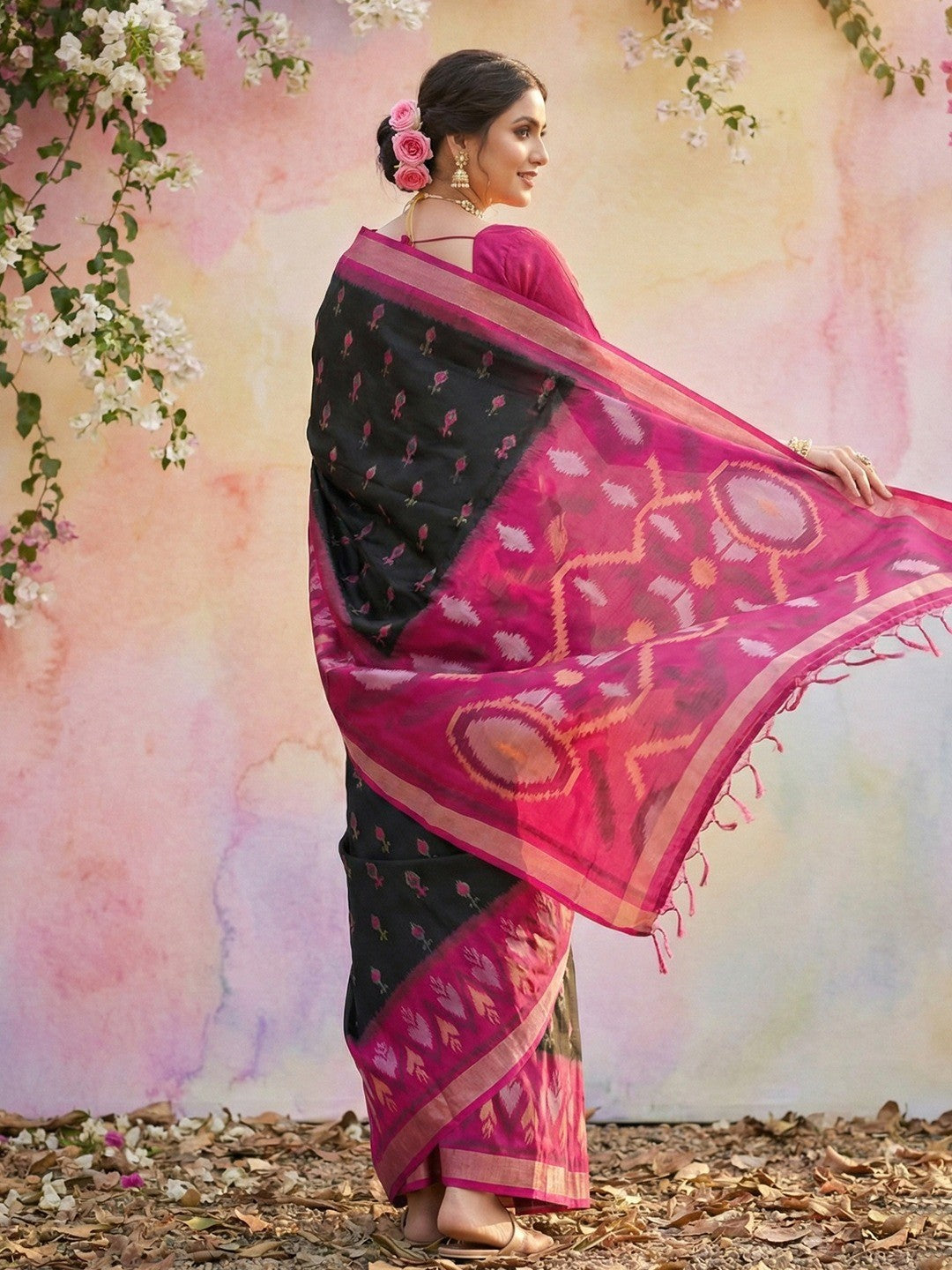 Elegant Black Ikat Woven Silk Blend Saree Featuring A Traditional Motif Pallu With Tassel Accents - Image 3