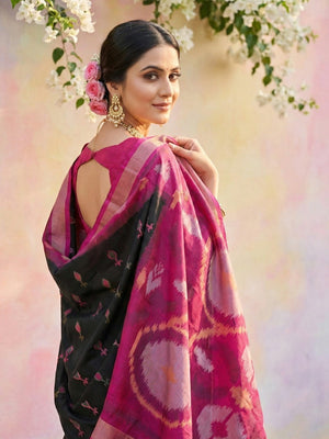 Elegant Black Ikat Woven Silk Blend Saree Featuring A Traditional Motif Pallu With Tassel Accents - Image 2