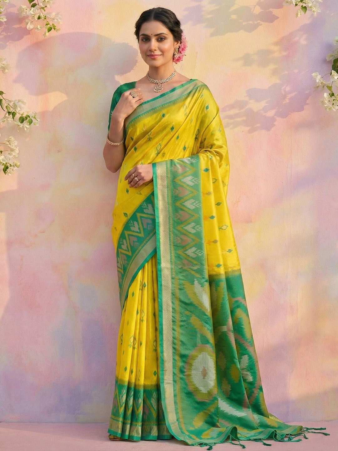 Elegant Lemon Yellow Ikat Woven Silk Blend Saree Featuring A Traditional Motif Pallu With Tassel Accents - Image 1